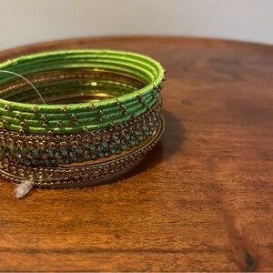 Green and Gold Threaded Stackable Bangle Bracelet Set